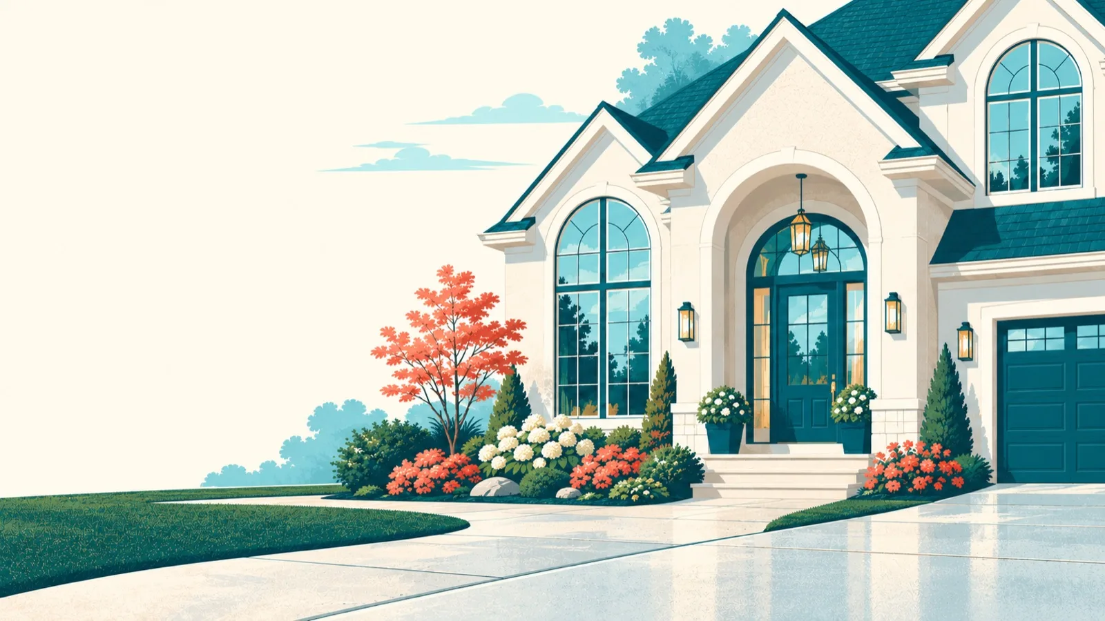 Curb & Pane illustration of a welcoming home, teal arched windows, coral flowers, and a clean front approach